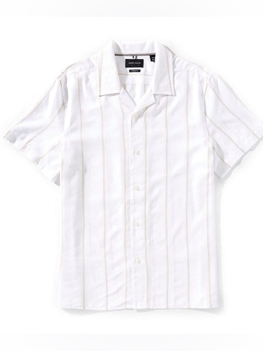 Perry Ellis White Tan Striped Short-Sleeve Button-Front Camp Shirt, Size Medium